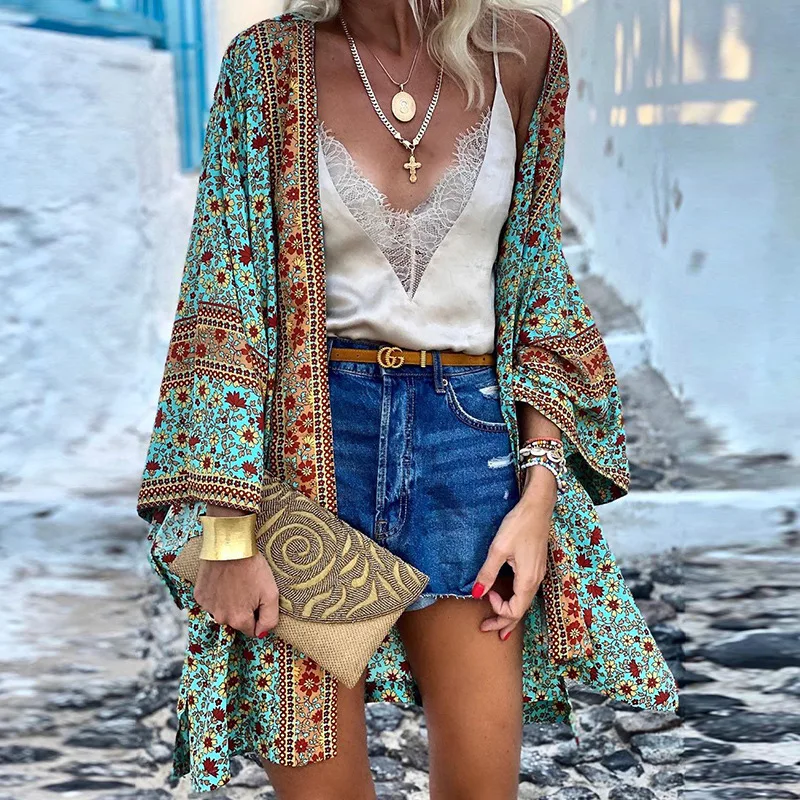

2023 Women Floral Print Boho Beachwear Cardigan Casual Loose Long Sleeve Shawl Capes Blouse Bikini Cover Wrap Outdoor Thin Coats
