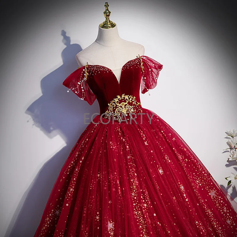 

New Wine Red Evening Dress New 2023 Salute Dress Women's Summer Luxury Bouffant Dress Bridal Master Wedding Dress Off Shoulder