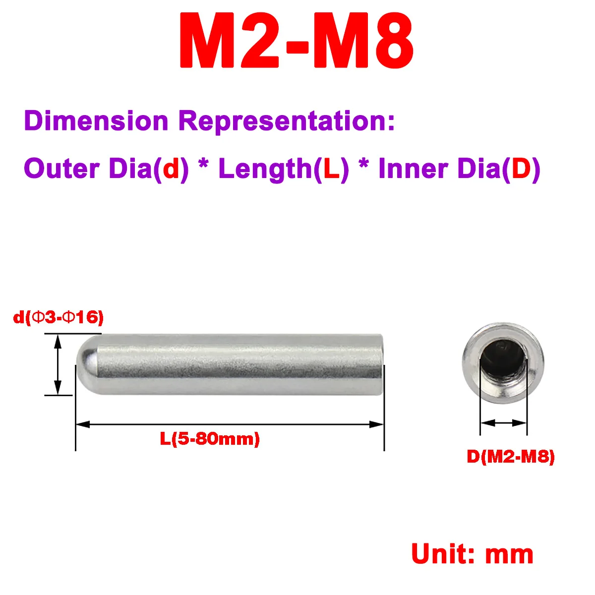 M2M3M4M5M6M8 Stainless Steel One Head Round Head Guide Pillar Cylindrical Pin Internal Thread Perforated Pin Positioning Pin