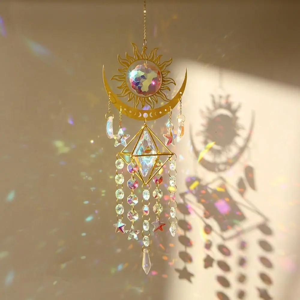 Rainbow Prism Crystal Sun Catcher Sun Moon Star Hanging Wind Chimes Stained Glass Window Drop Bell Wind Bell Pendant Decor
