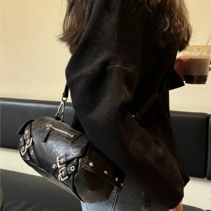 JIAERDI Retro Studded Punk Tote Bag Women Hot Girl Rock Leather Large Capacity Shoulder Bags Ladies Cylinder Crossbody Bag 2025