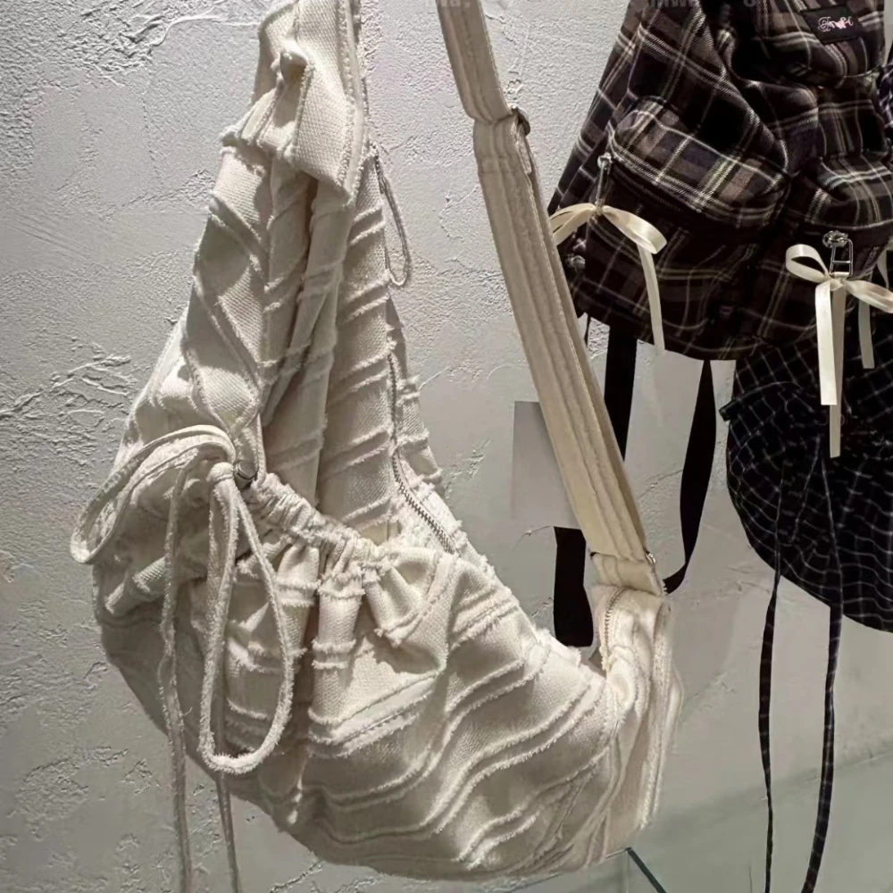 Casual Large Capaci Canvas Tote Bag Drawstring Single oulder Folded Woven Handle Quality Crossbody Bag Faionable Trendy Handbag