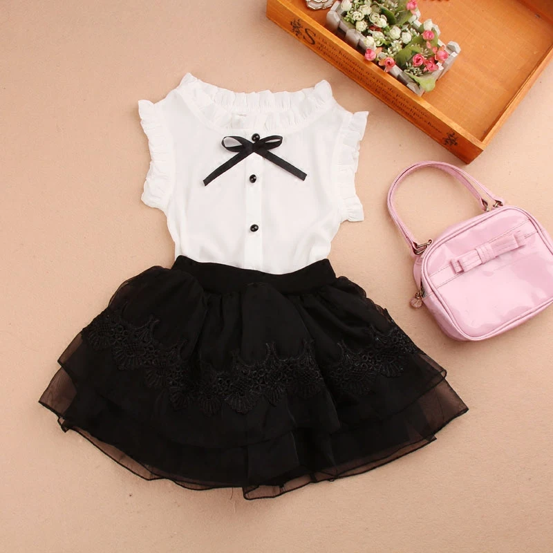 Girls Summer Top Children Sleeveless White Blouses Black Bow Shirts for Teenage School Girl Chiffon Lace Blouse 2-16 Years