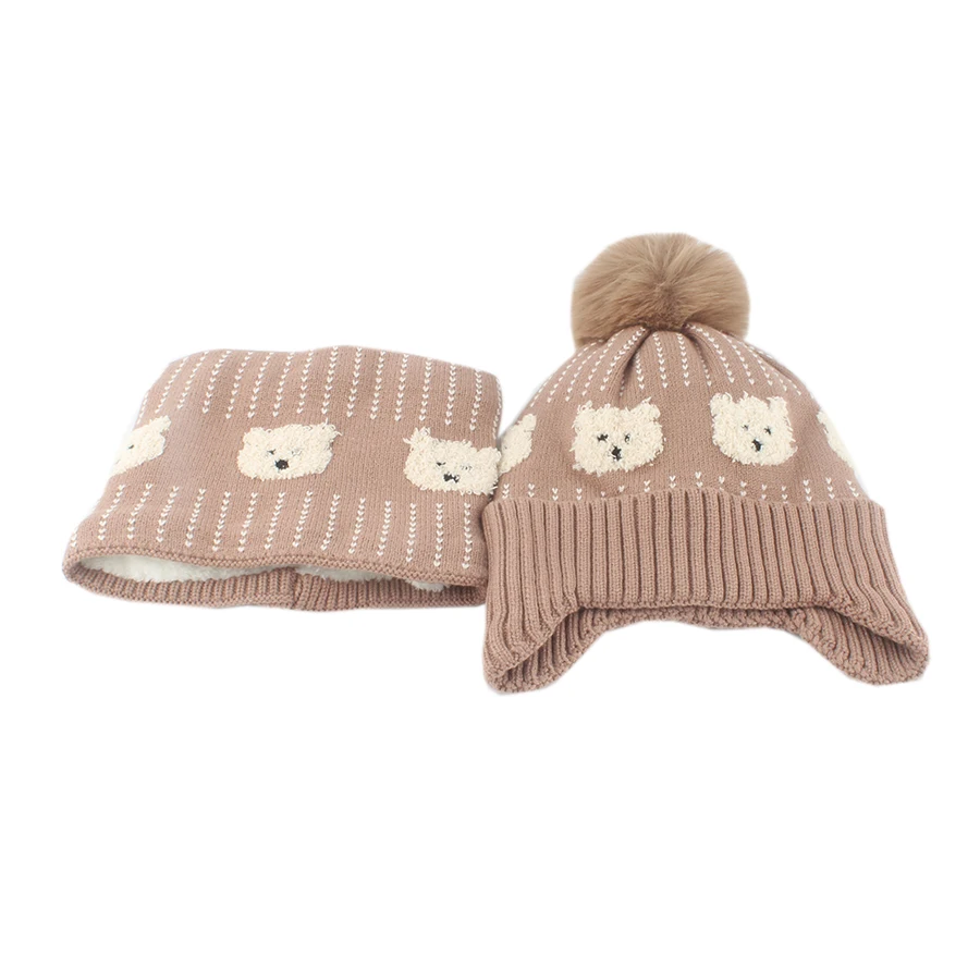 Baby Hat Scraf Set Cartoon Cute Bear Pompom Winter Softt Fleece lining Earflap Cap Children Outdoor Warm Knitted Beanies Kids