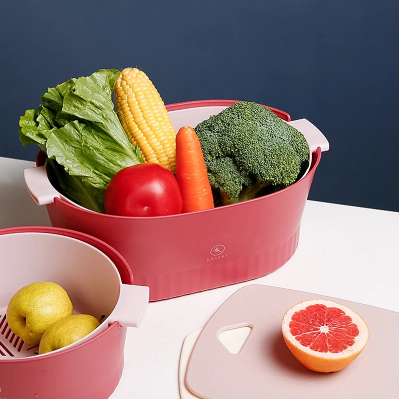 

Kitchen Double Layer Drain Box Basket Bowl Rice Washing Vegetable Fruit Sieve Colander Plastic Drainer Sink Strainer