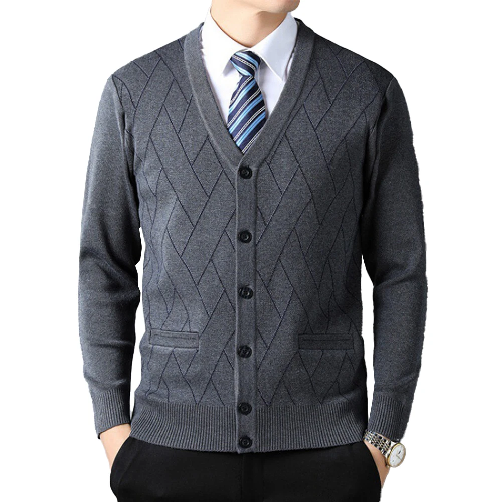 

New Mens Autumn Winter Warm Checkered Rhombus Knitted V Neck Button Cardigan Knitwear Sweater Tops Blazer Coat Men's Sweater
