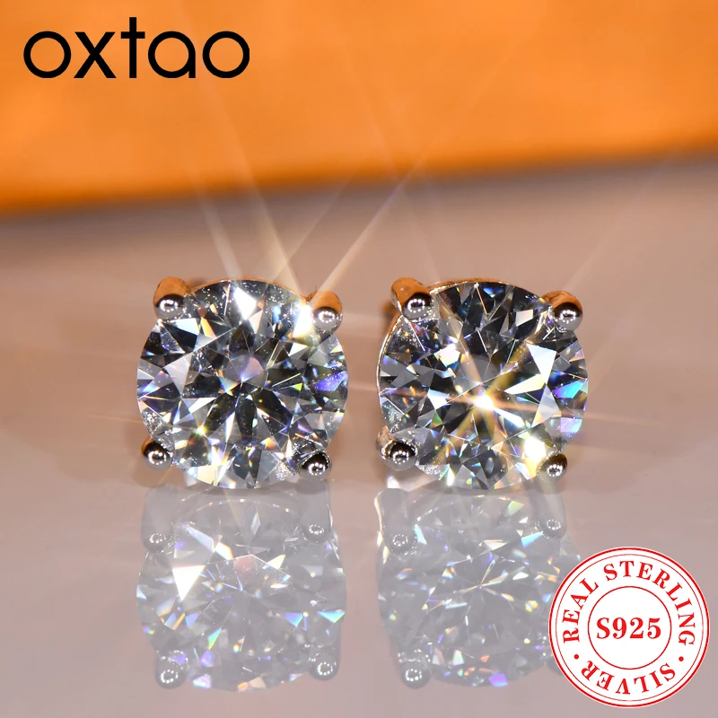 OXTAO With Certified D VVS1 Moissanite Stud Earrings Female Jewelry Sterling Silver S925 Piercing Earrings Wedding Jewelry Gift