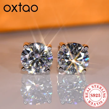 OXTAO With Certified D VVS1 Moissanite Stud Earrings Female Jewelry Sterling Silver S925 Piercing Earrings Wedding Jewelry Gift