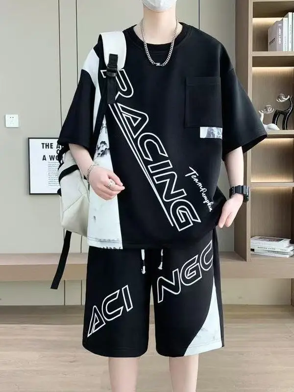 남성용 캐주얼 여름 스포츠웨어 세트 반팔 반바지 투피스 세트 트렌디 브랜드 큰..