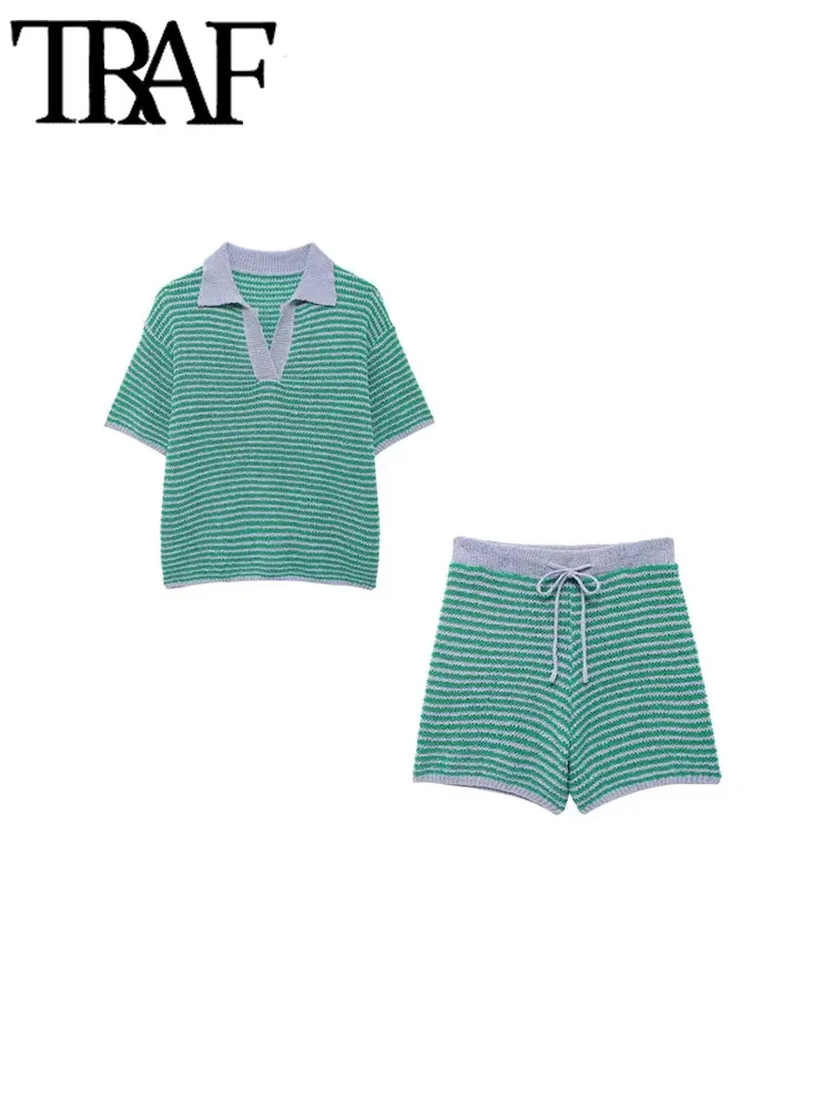TRAF Women Fashion Polo Collar Striped Loose Knit Sweater And High Elastic Waist Shorts Female Two Piece Sets Mujer 2
