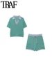 TRAF Women Fashion Polo Collar Striped Loose Knit Sweater And High Elastic Waist Shorts Female Two Piece Sets Mujer 2