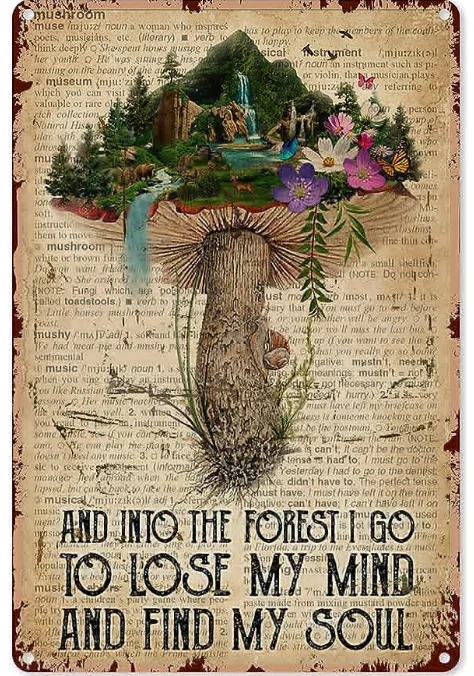 

Mushroom Garden Decorations Metal Sign Vintage And Into The Forest I Go To Lose My Mind And Find My Soul Vintage