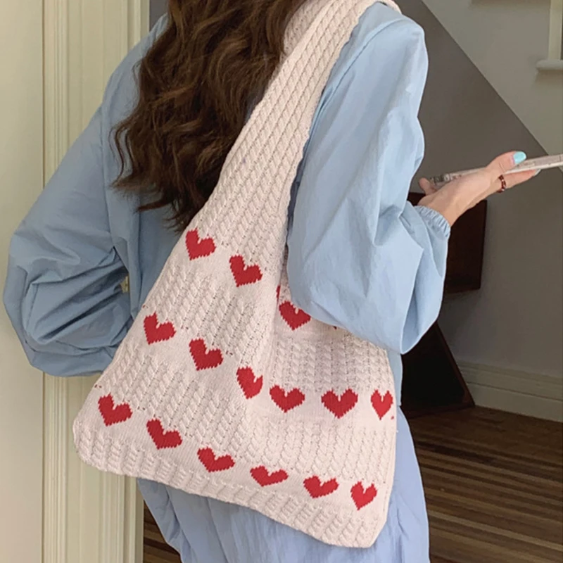 Fashion Heart Shape Pattern Knit Tote Bag Retro Women's Handbag Large Capacity Female Woven Shopper Purse Travel Bag