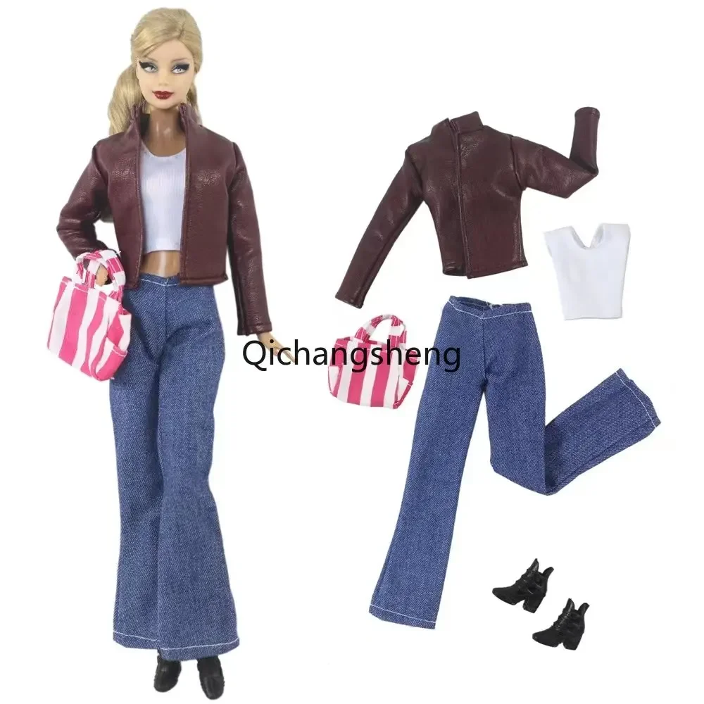 1/6 BJD Accessories Fashion Clothes Set For Barbie Doll Outfits Wine Leather Coat Jacket Tank Top Pants Shoes Bag Girl Toy 11.5