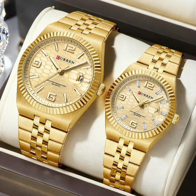 CURREN 8498 Luxury Brand Quartz Couple Watches Classic Round Dial with Auto Date Stainless Steel Band His and Hers Romantic Gift