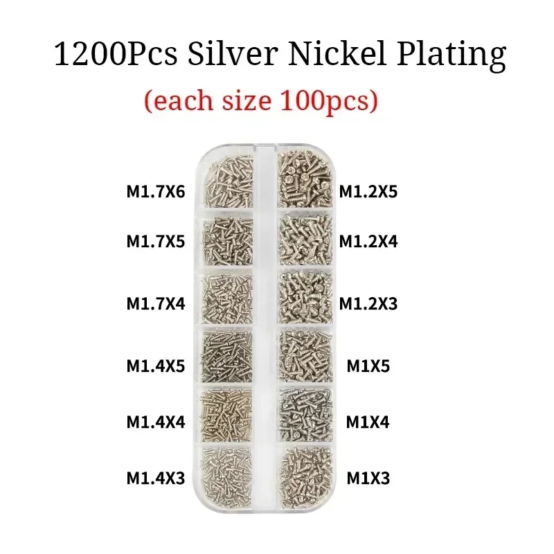 M1 M1.2 M1.4 M1.7 Micro Glasses Screws Round Head Self-tapping Electronic Small Wood Screws Kit Assortment 1200Pcs