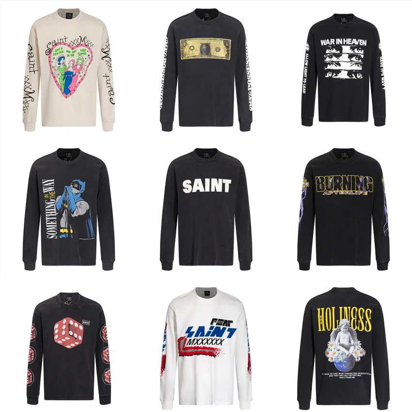 

SAINT MICHAEL Long Sleeved Vintage T Shirt Men Casual Washed Old Oversize Tee T-shit