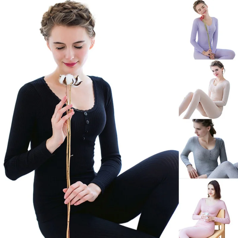 Women's Seamless Round Neck Thermal Underwear Set Autumn And Winter Tight Bottoming Shirt Thin Fall Clothes And Pants Soft