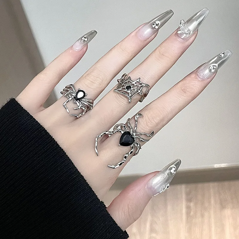 Gothic Irregular Spider Webs Zircon Rings Black Crystal Grunge