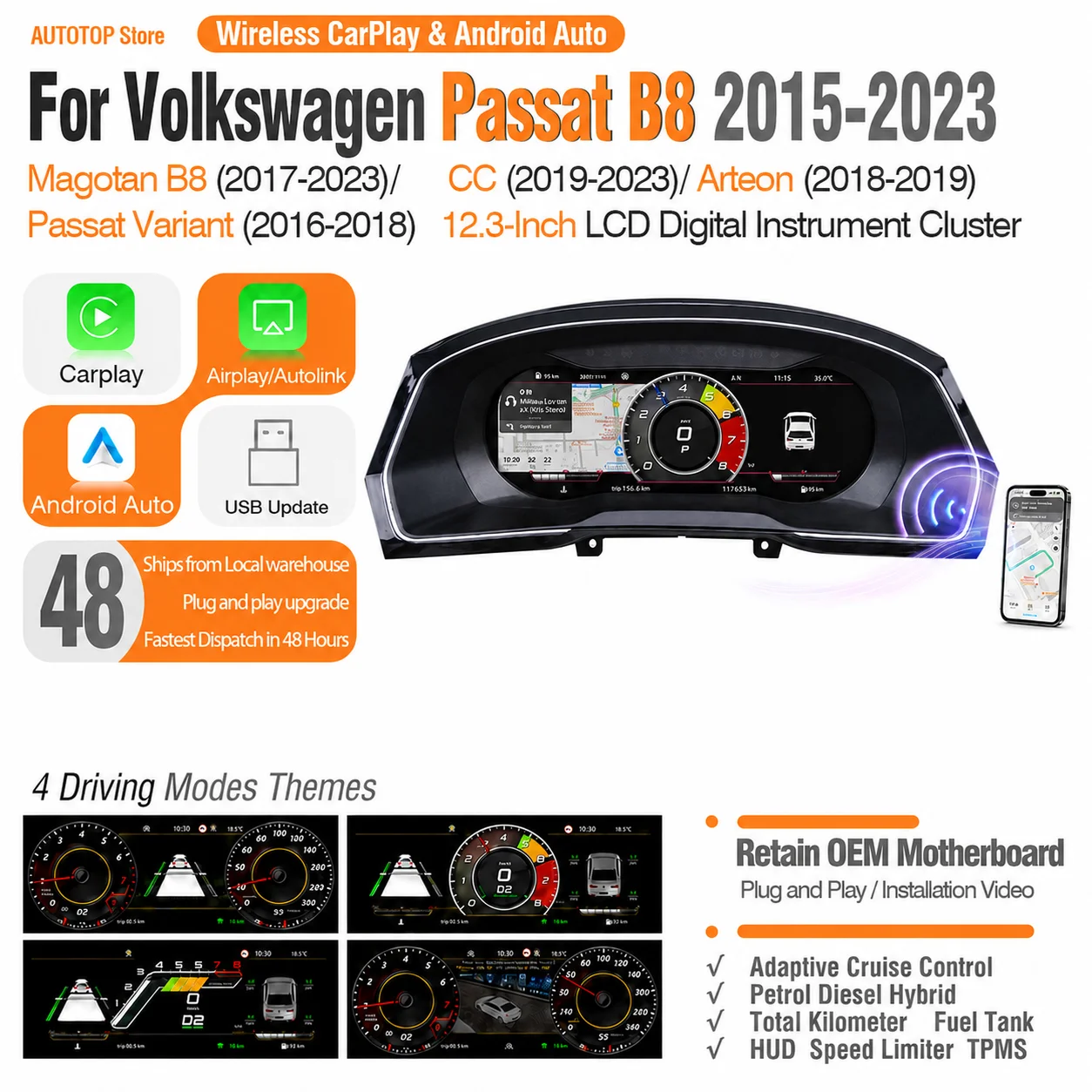 AUTOTOP - Panel de Instrumentos Digital Virtual de 12.3 Pulgadas para Volkswagen VW Passat B8/Magotan B8/CC/Arteon/Passat Variant 2015-2023, Actualización del Panel de Instrumentos LCD, CarPlay Inalámbrico, Android Auto, AirPlay, AutoLink, Velocímetro, Navegación GPS, Mapas en Línea, Música 1