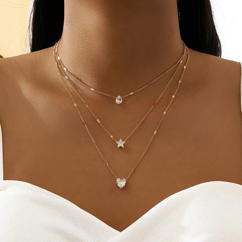 Pendant necklace 3 Pcs gold-color simple multilayered star heart shaped for girls women birthday gift