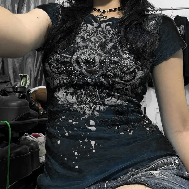 2000s Retro Japanese Style Emo T-shirt Vintage Y2K Grunge Cyber