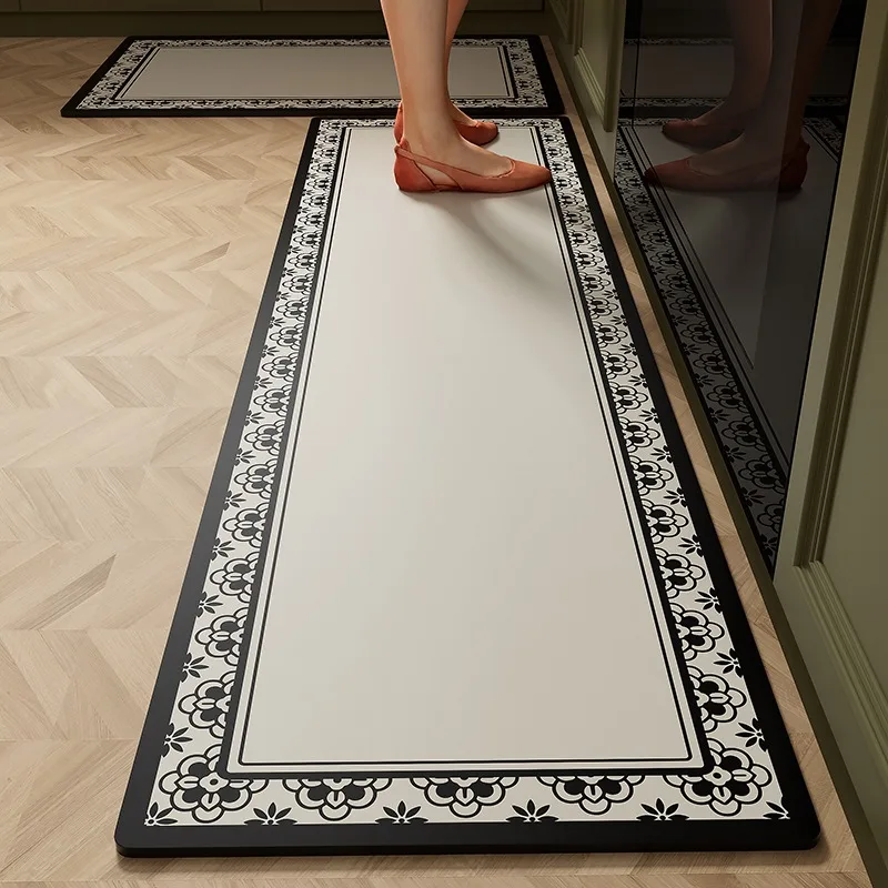 Kitchen Carpet Waterproof Non-slip Oil-proof Door Mats PVC Leather Dirt-resistant Rug Black White Plaid Home Decoration Foot Mat