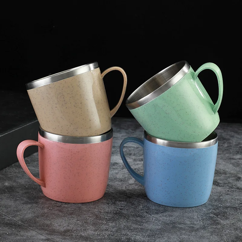 Double Layer Anti-scalding Stainless Steel Cups Plastic Handle Coffee Milk Mug Tea Drinks Water Cup for Home Office Tumbler Kitchen