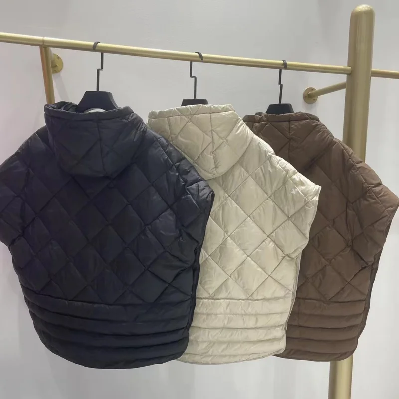 Winter Bat Sleeve Puffer Down Waistcoat Grid Loose Warm Fashion Hooded Sleeveless Coat 90% White Duck Down Streetwear Oversized