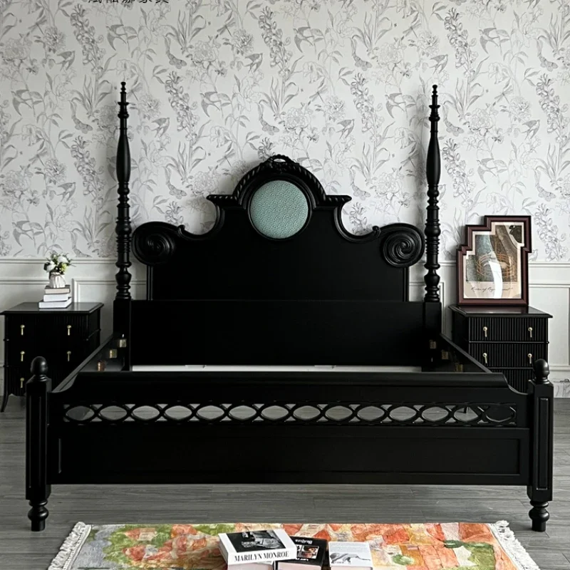 TT Retro Solid Wood Bed American Pillars Bed New Classical Double Light Luxury Princess Master Bedroom Marriage