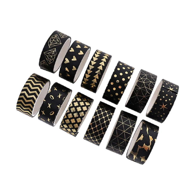 Black Gold Foil Washi Tapes Scrapbooking 12Pcs Decorative Adhesive Tape Journaling Materials School Supplies Washi Tape Set 4