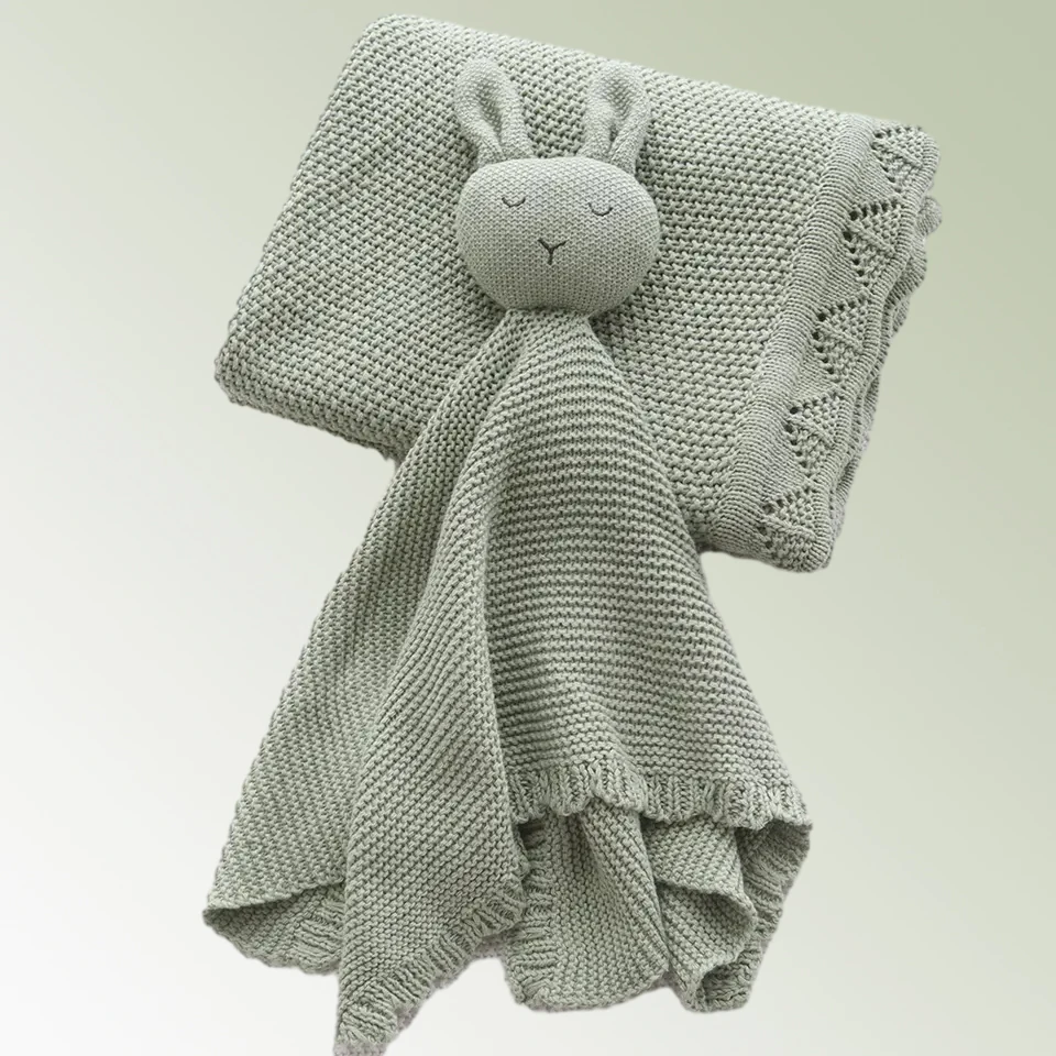 Neutro Baby Lovey Cotton Crochet Bunny Comforter coperta coperte di sicurezza per neonati coniglio giocattolo coccole asciugamano per dormire all'ingrosso