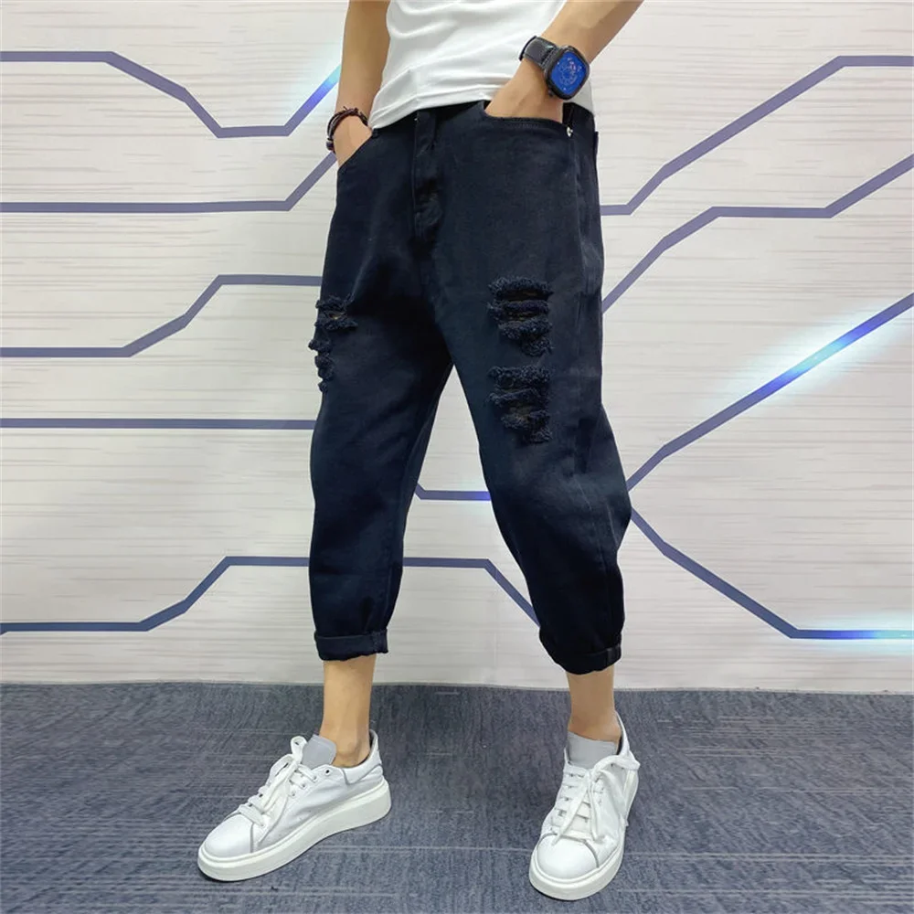Japanese Trend New Men's Ripped Hole Jeans Solid Color Ankle Length Youth Fashion Loose Denim Harem Cargo Pants D96