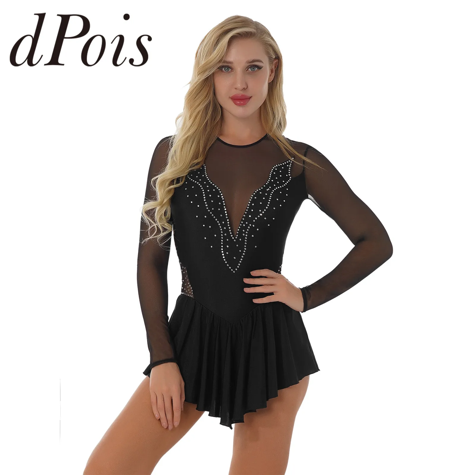 Women Long Sleeves Shiny Rhinestones Figure Skating Dress Ballet