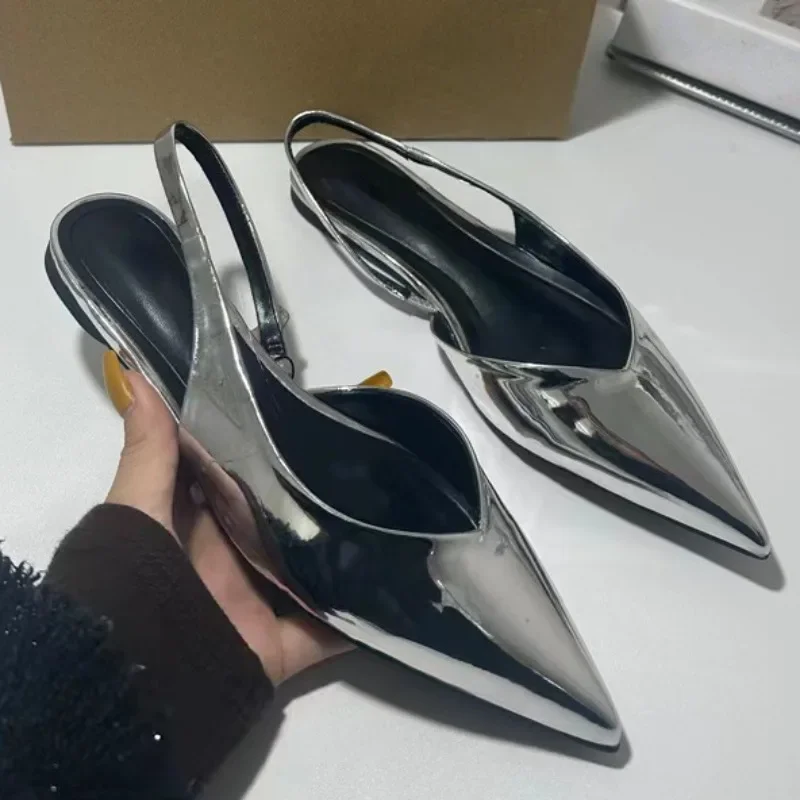 

Summer Flat Shoes for Women Casual Pointed Toe Patent Leather Sliver Shallow Ladies Dress Sandals Plus Size Suit Slingbacks