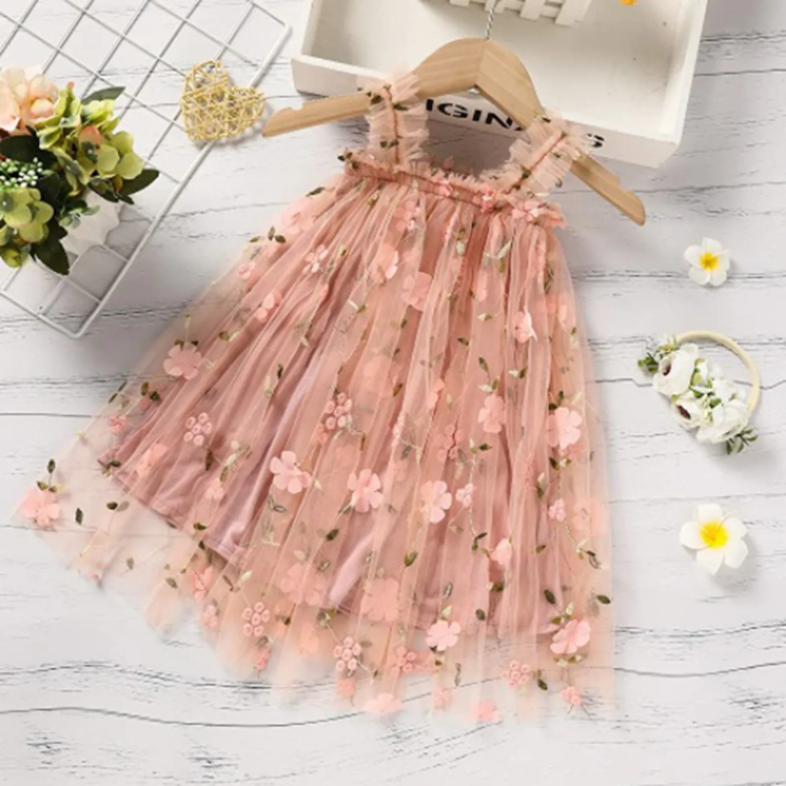 Vestido De Fiesta Niña 1-2 Años - Tul Con Flores, Tirantes Ajustables, Incluye Diadema, Color Rosa