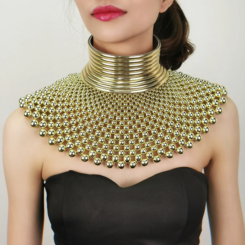 Barode African Bib Choker Necklace - Gold Leather Tribal Statement Collar For Women (Large, Faux Leather)