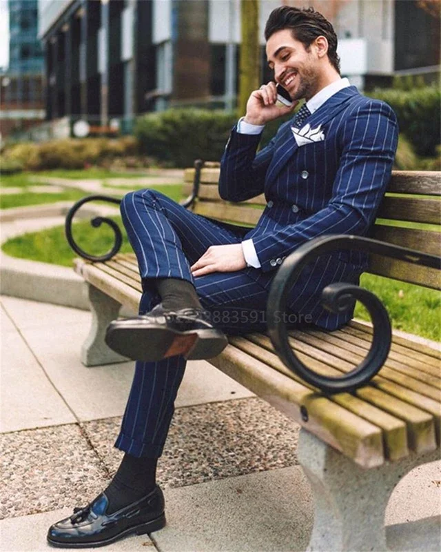 2 Piece Classic Navy Blue Striped Men's Suits Slim Fit Business Blazer Double Breasted Wedding Groom Tuxedos Set Terno Masculino