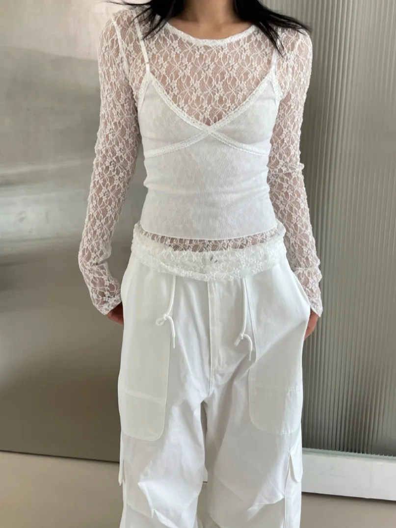 Autumn Lace Hollow out Long Sve round Ne T-irt Women's Base Layer Inner Wear Commute Sle Regular Fit Medium Softn