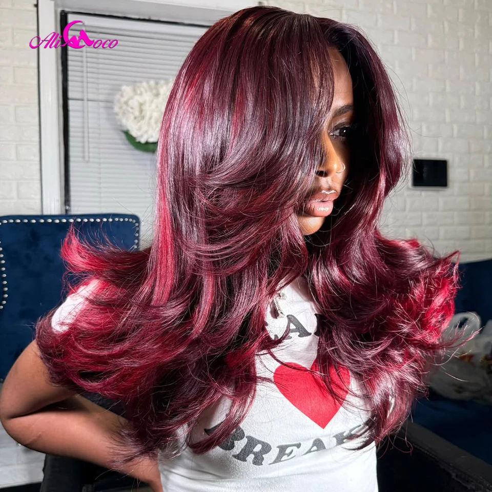 180 Density 5X5 Closure Human Hair Burgundy Red Highlights Transparent  Brazilian Pre Plucked 13X4 13X6 Lace Front Wig for Women - AliExpress, image size:960x960