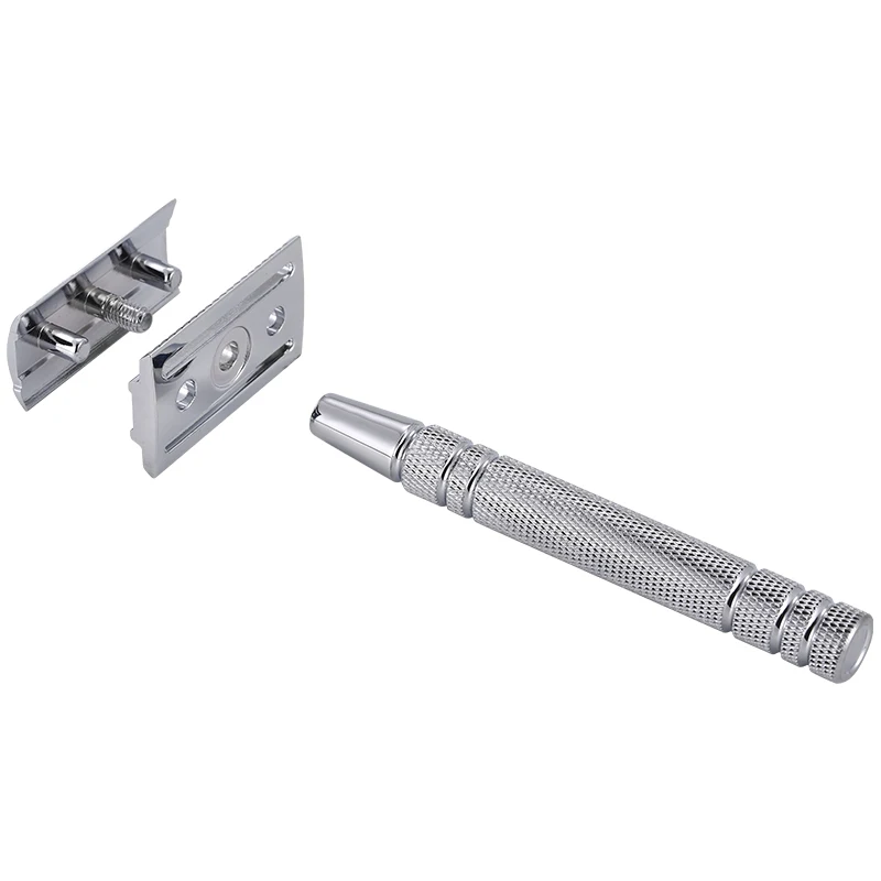 YINTAL Bright Silver Men's Classic Double-sided Manual Razor Long Handle Safety Razors Shaving  Brass Anti-slip Handle 6