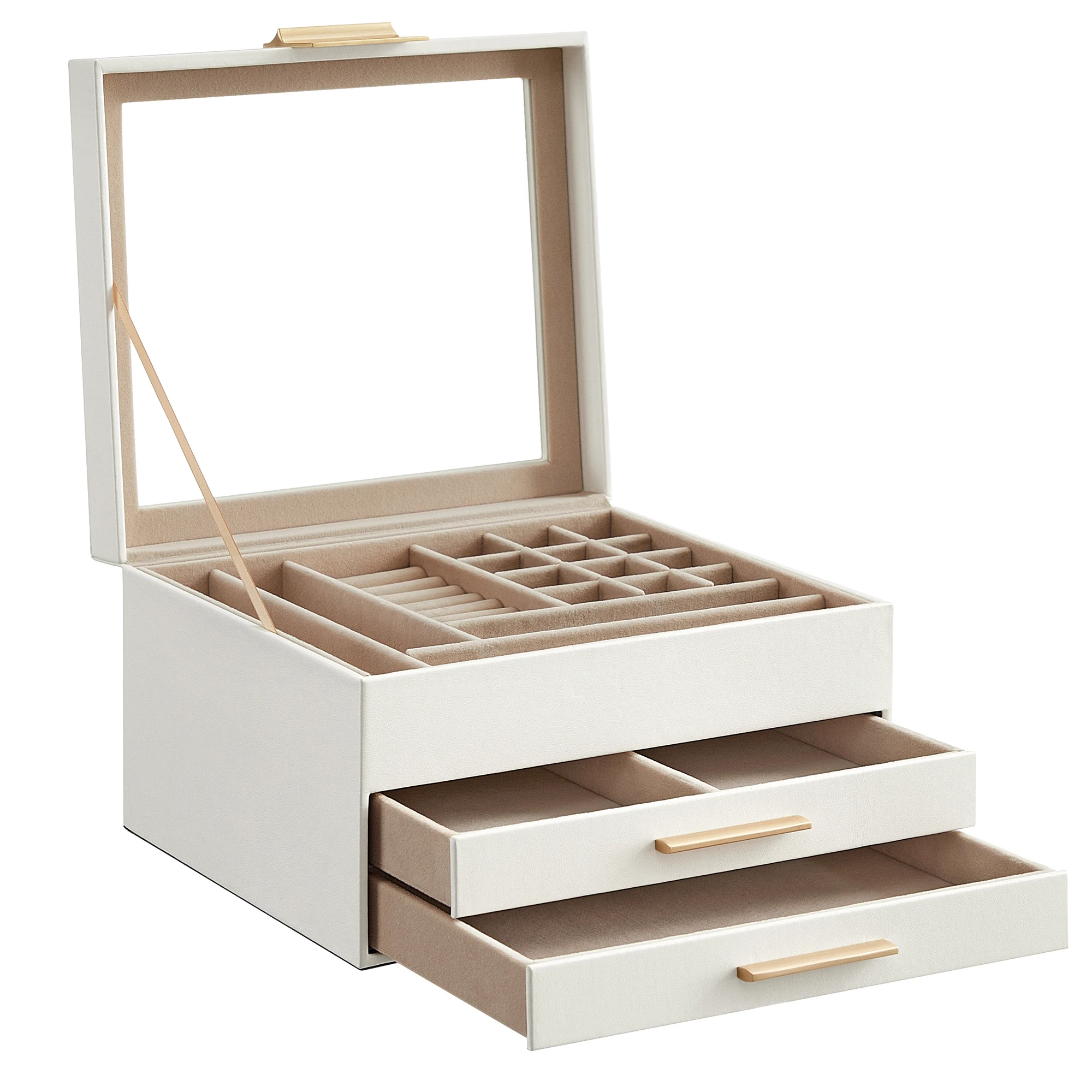 SONGMICS Jewelry Box with Glass Lid, 3-Layer Jewelry Organizer, 2 Drawers, for Big and Small Jewelry, Jewelry Storage