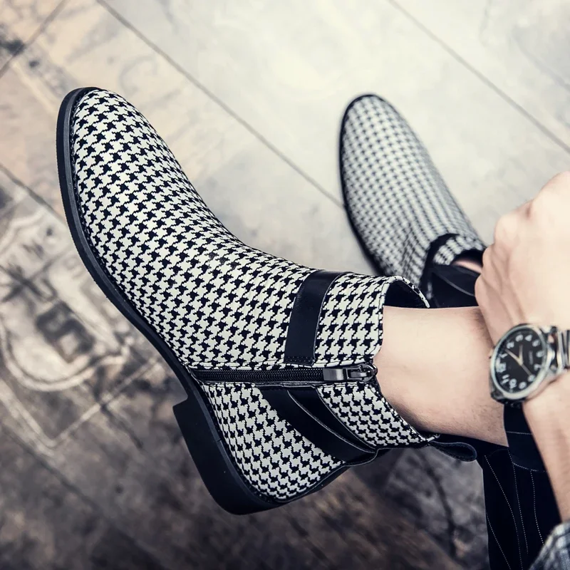 Ankle Boots for Men Business Plaid Buckle Strap Pu Leather Cowboy Boots Chelsea Men