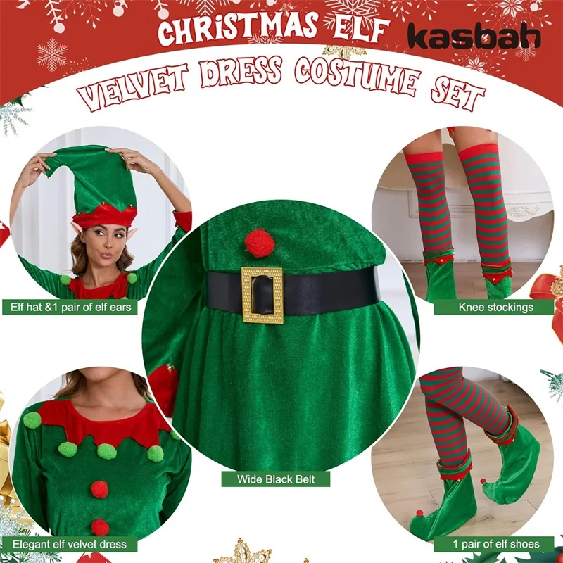 Christmas Women s Elf Costume Dress with Long Sleeves and Round Neckline featuring Contrast Colors and a Flattering A-Line