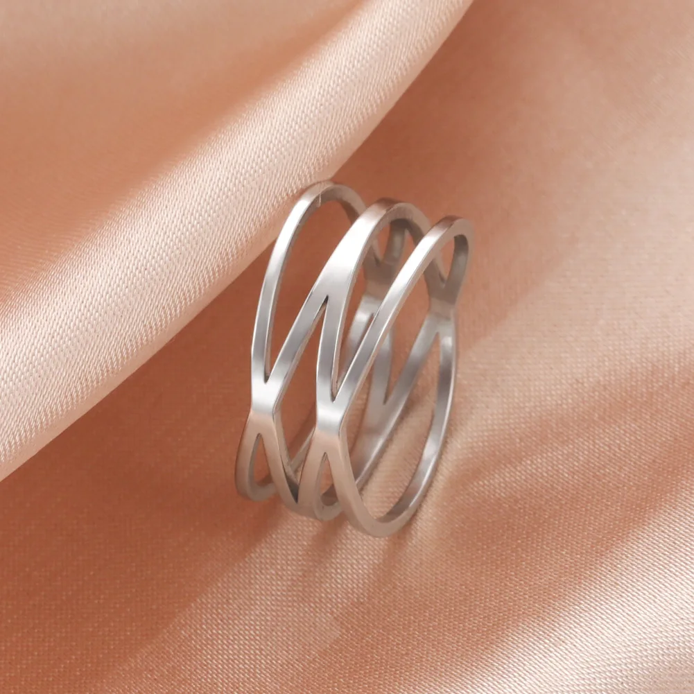 HIPEE Stainless Steel Multi Layer Rings for Women Minimalist Style Line Geometric Structure Ring Fashion Jewelry Wedding Gifts 3