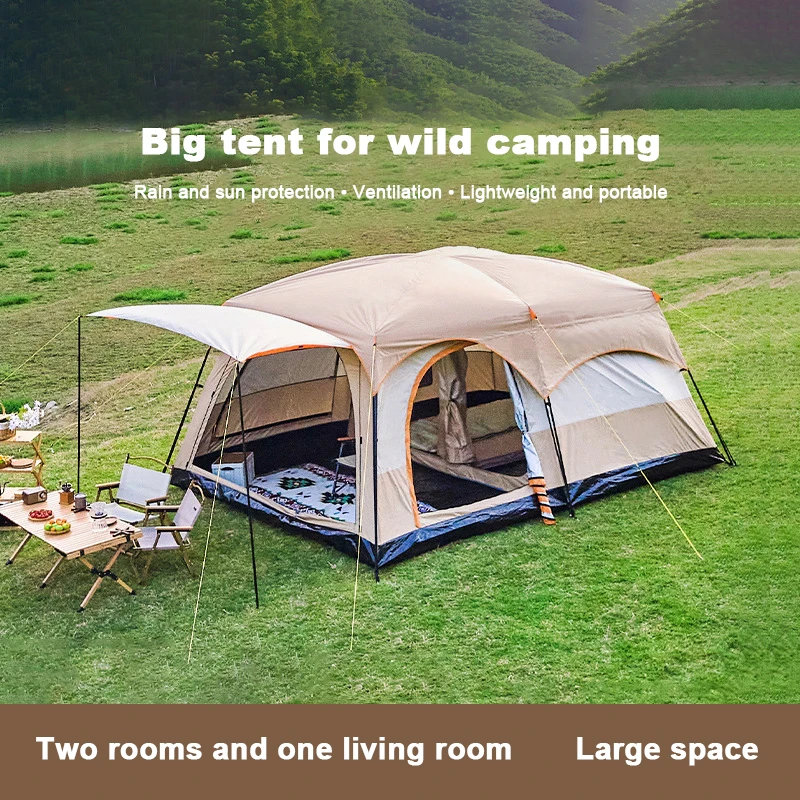 

Large Space Outdoor Camping Tent, 3-5 People, Double Decker, 2-bedroom, 1 Living Room, Deluxe Waterproof Camping, Family Travel