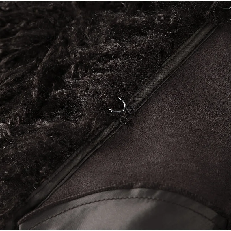 Braune Oversize-Kunstpelzjacke, modisch, O-Ausschnitt, volle Ärmel, einzelner Knopf, flauschige strukturierte Jacke, 2025, Herbst-Winter-DAME, lässige Oberbekleidung – Detail 6