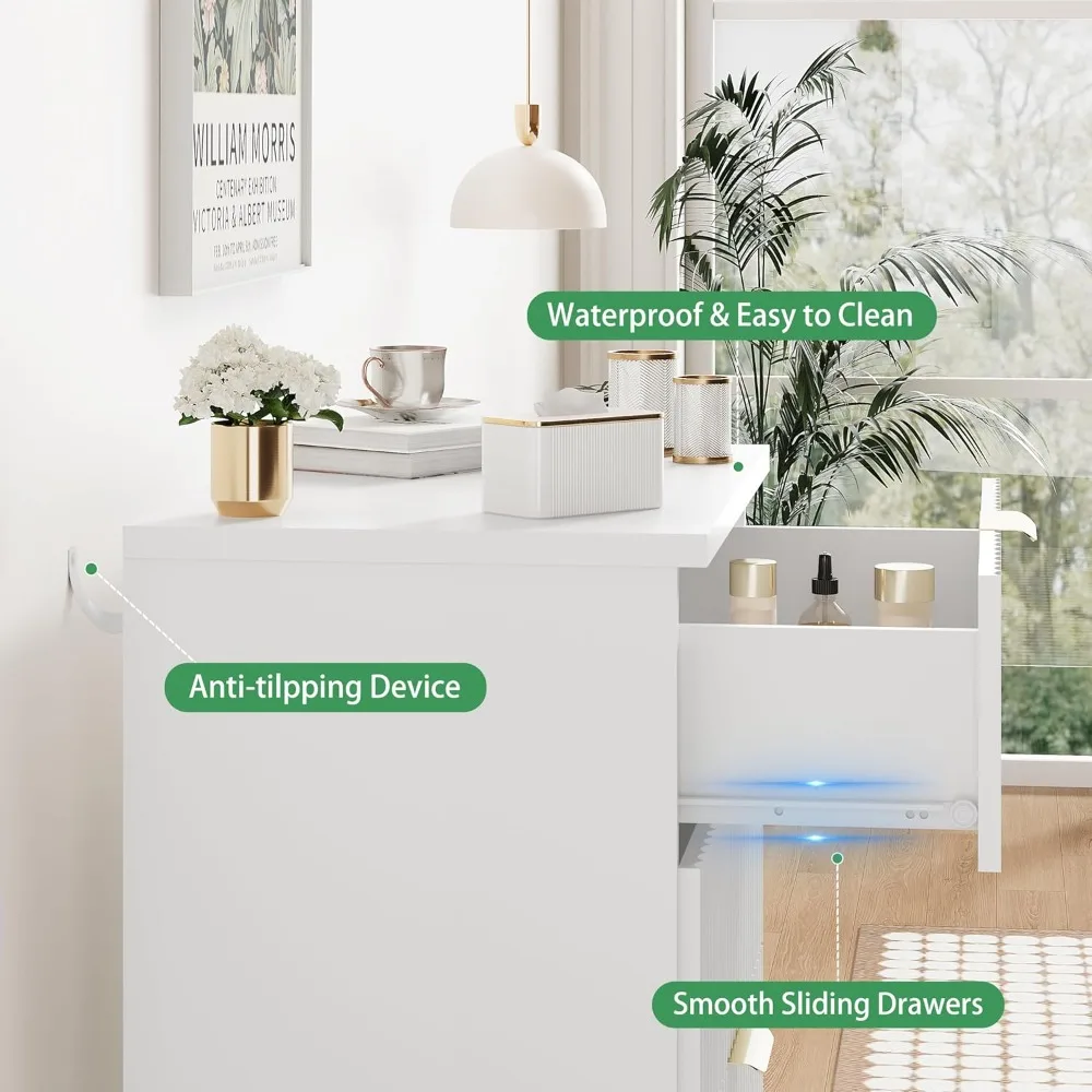 Mid-Century Modern 24" Wide Fluted Side Table with 3 Storage Drawers and Metal Handles