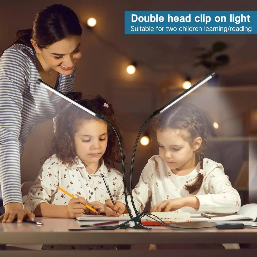 LED Desk Lamp Double/Single Head Reading Table Lamp With Clip Dimmable Brightness For Home Study Office Lighting PC Eye Protect 4