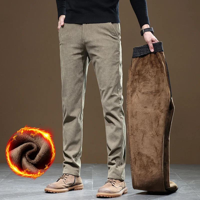 2025 New Winter Fleece Warm Corduroy Pants Men Business Fashion Slim Fit Stretch Thicken Gray Khaki Fluff Casual Trousers Male